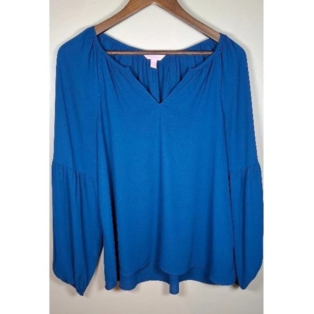Lilly Pulitzer Blue Split Neck Puff Sleeve Blouse Medium Crepe Top